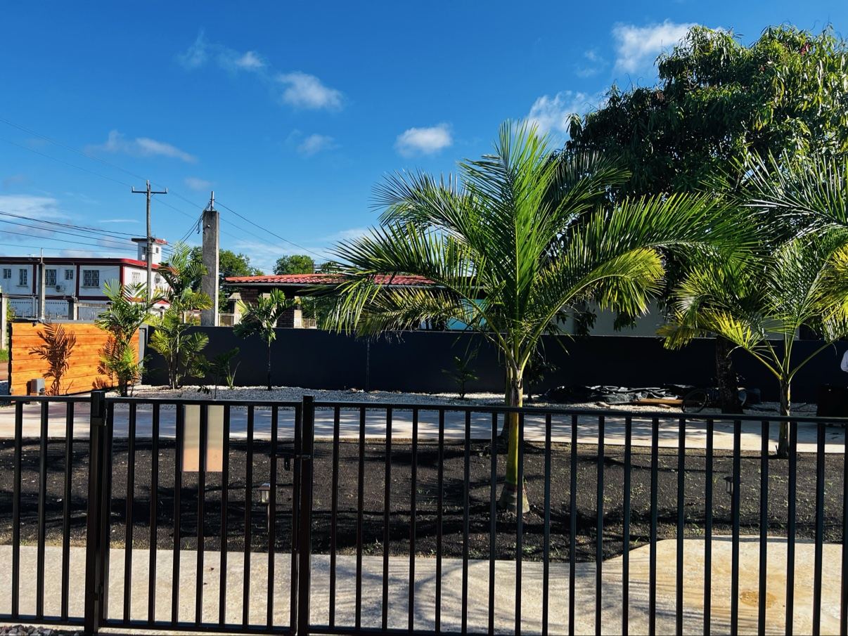 Paradise Palms garden and tropical palms seen through the front gate