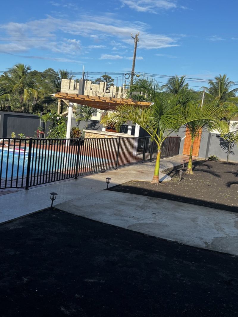 Wide view across the Paradise Palms garden toward the pool and pergola